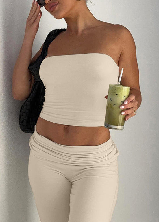 Summer New Apricot Strapless Top and Flared Pants Set