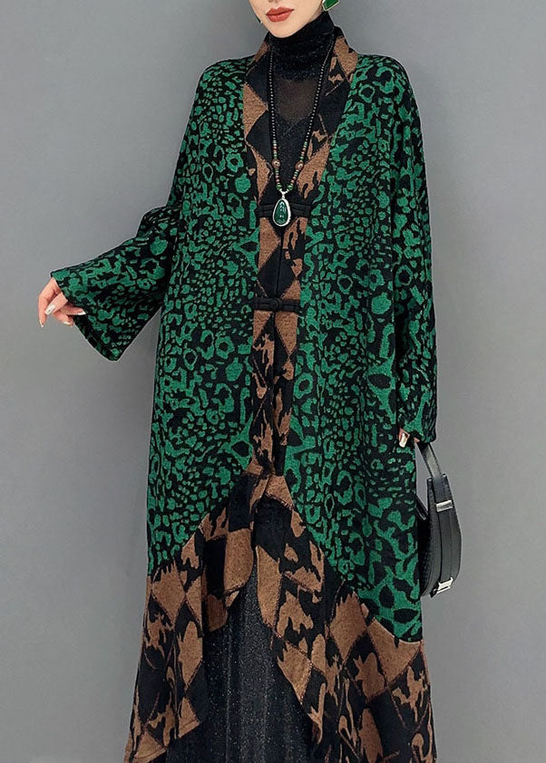 Green V Neck Print Patchwork Long Knit Cardigans Fall