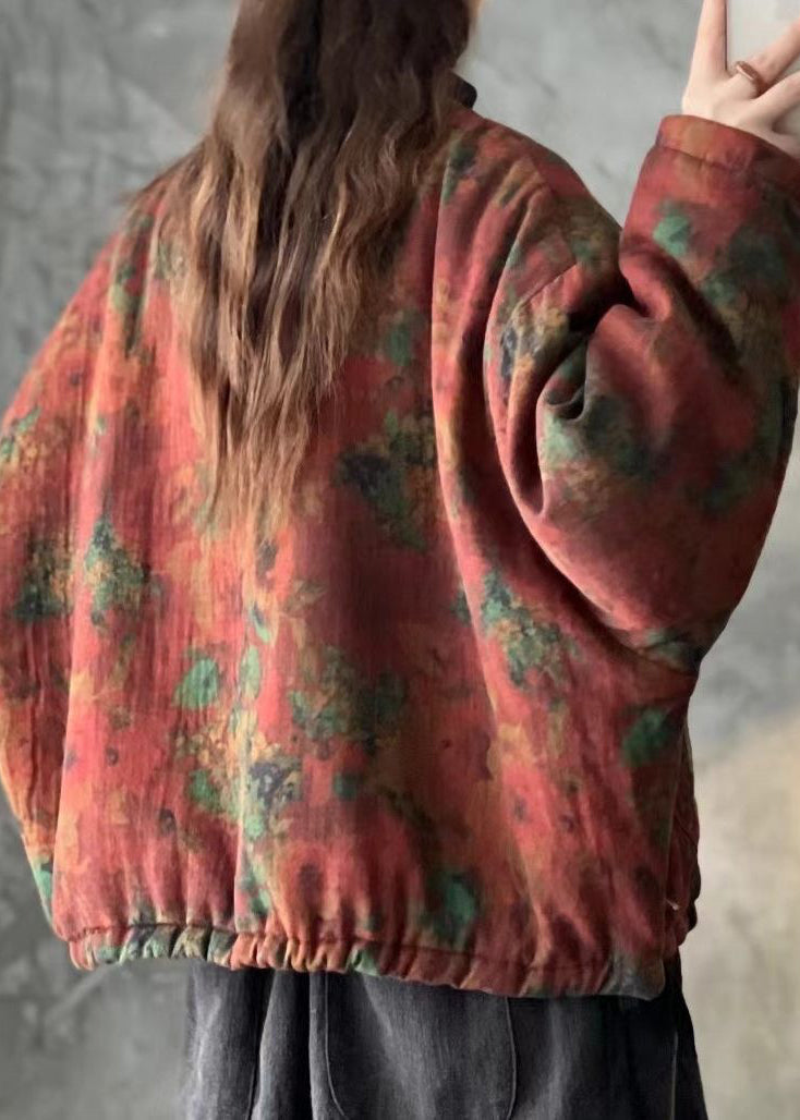 Green V Neck Pockets Print Fine Cotton Filled Jackets Spring