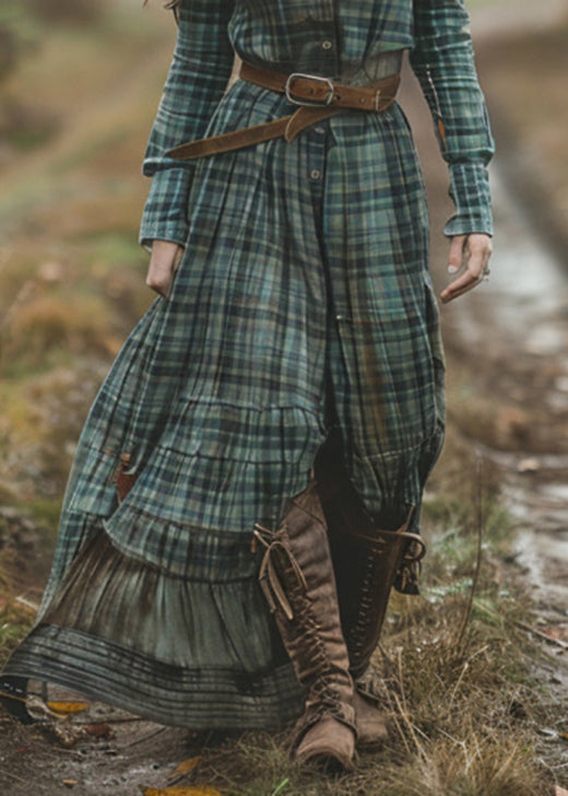 Green V Neck Plaid Button Chiffon Long Dress Fall