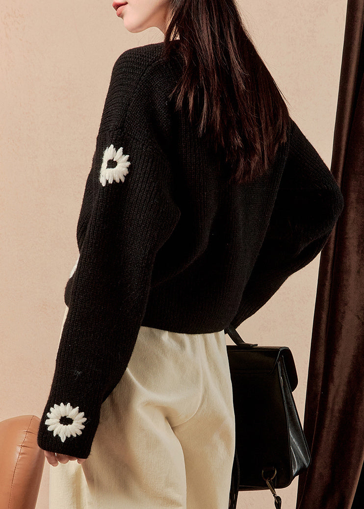 Black V Neck Button Knit Sweaters Winter