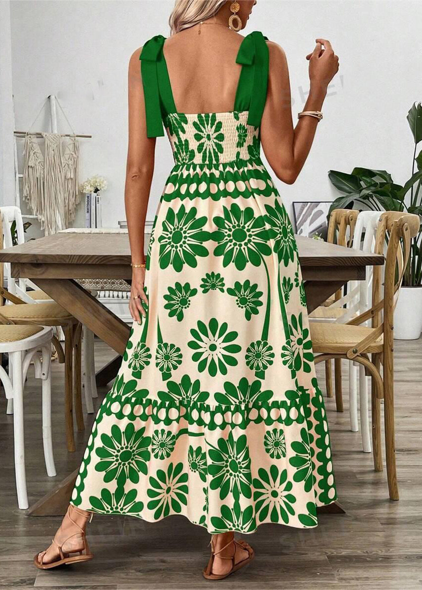 Unique Green Print Lace Up Cotton Spaghetti Strap Dress Summer