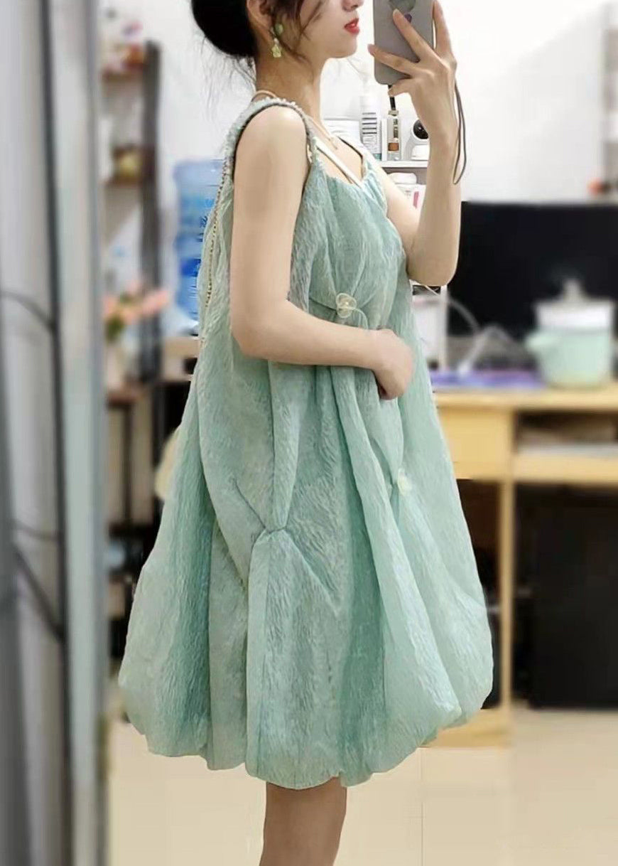 Green Square Collar Original Design Cotton Spaghetti Strap Dress Sleeveless
