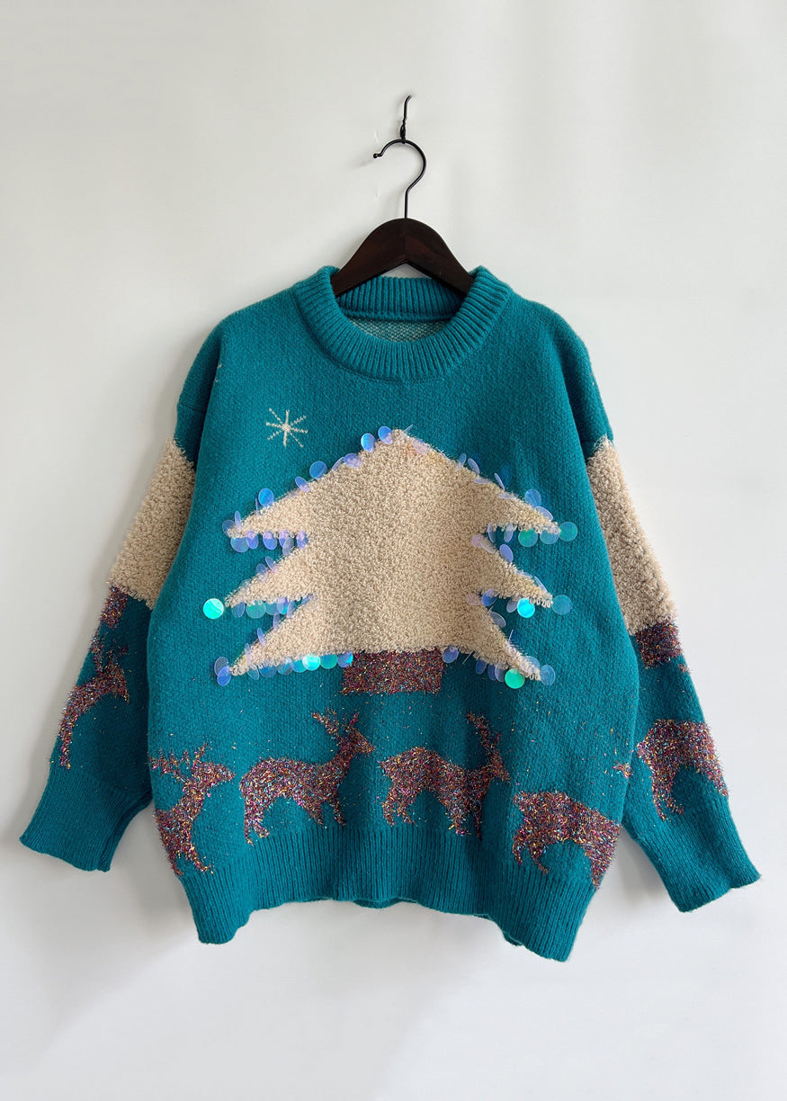 Fine Blue Jacquard Sequins Thick Knit Pullover Winter