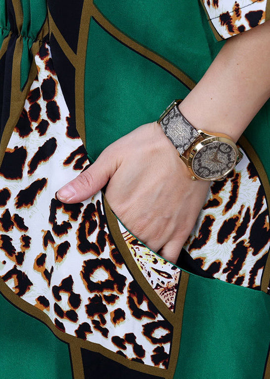 Green Stand Collar Leopard Print Button Wrinkled Silk Long Cardigans Summer