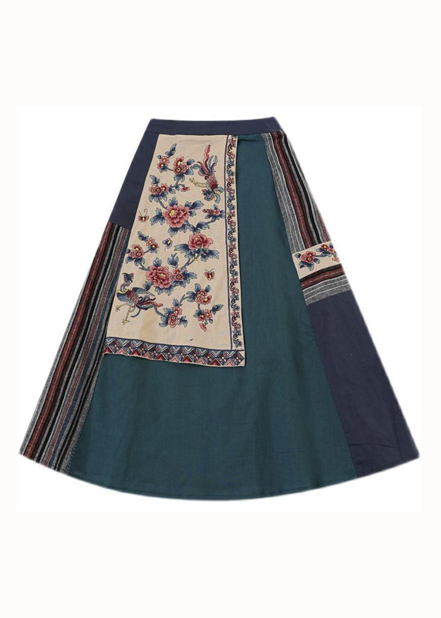 Blue Wrinkled Embroidered Pockets Patchwork Linen Skirt Summer