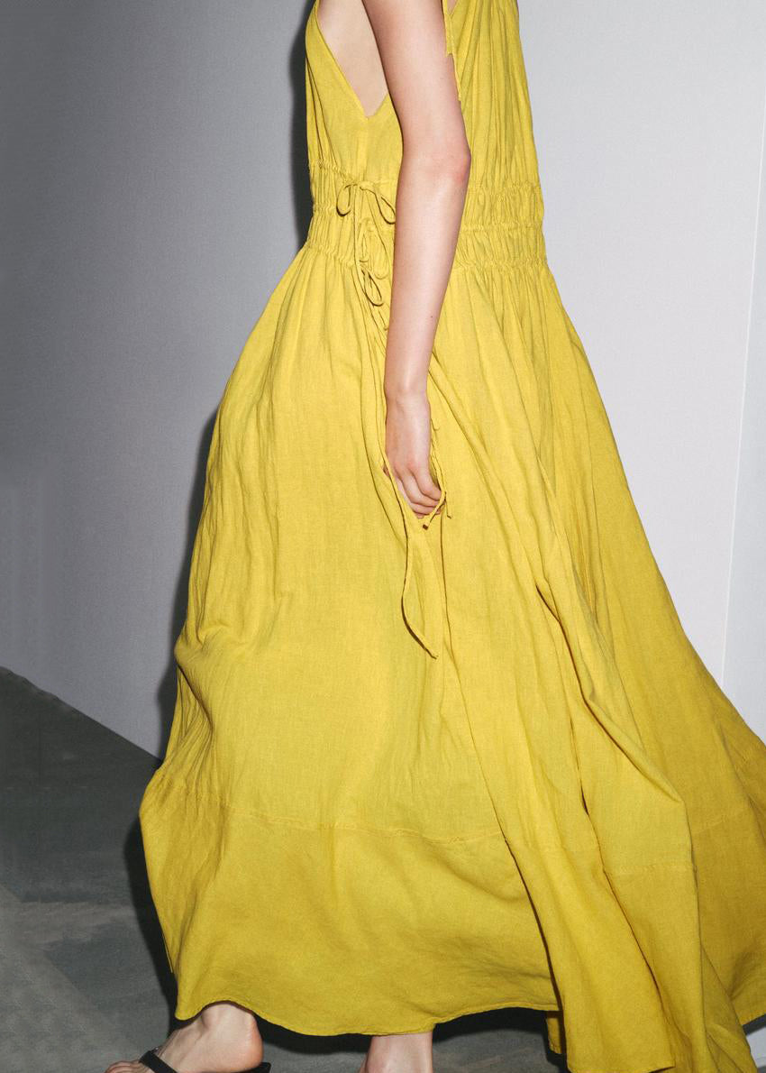 Yellow Wrinkled Lace Up Linen Spaghetti Strap Dress Sleeveless