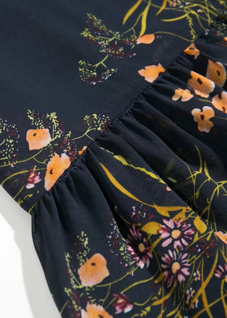 French Black Print Lace Up Chiffon Spaghetti Strap Dresses Summer