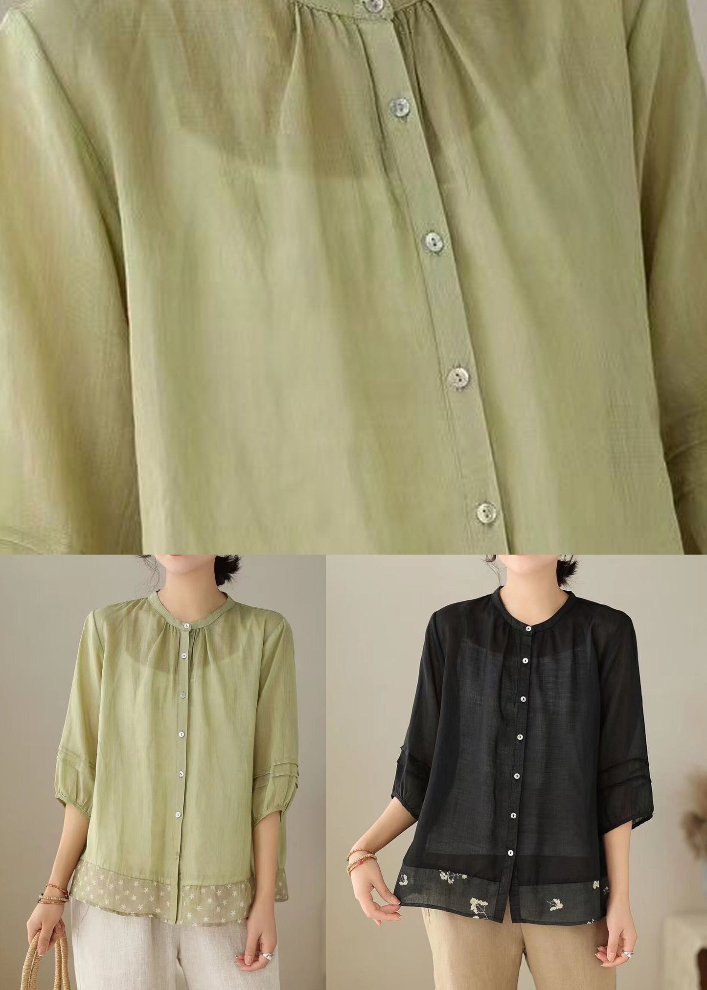 Green Stand Collar Print Patchwork Linen Shirt Tops Summer