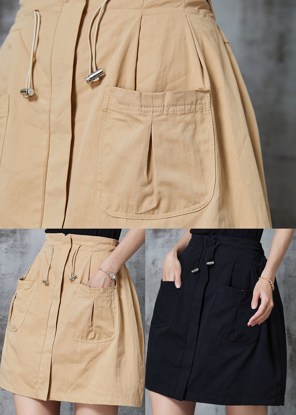 Black Drawstring Cotton a Line Skirt Summer