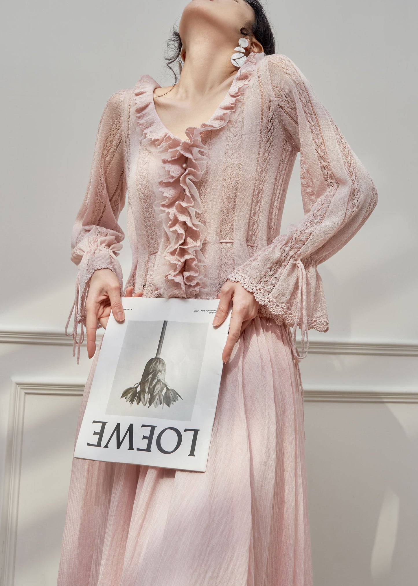 French Pink Ruffled Hollow Out Patchwork Knit Top Flare Sleeve