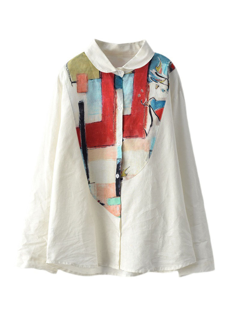 White Peter Pan Collar Print Linen Shirt Top Long Sleeve