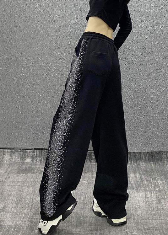 Black Pockets Zircon Elastic Waist Cotton Pants Fall