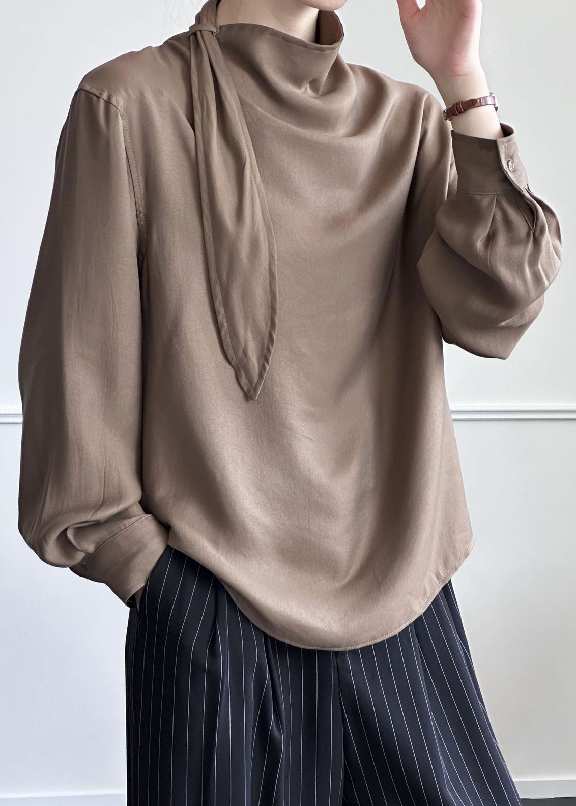 Coffee Cotton Shirt Asymmetrical Fall
