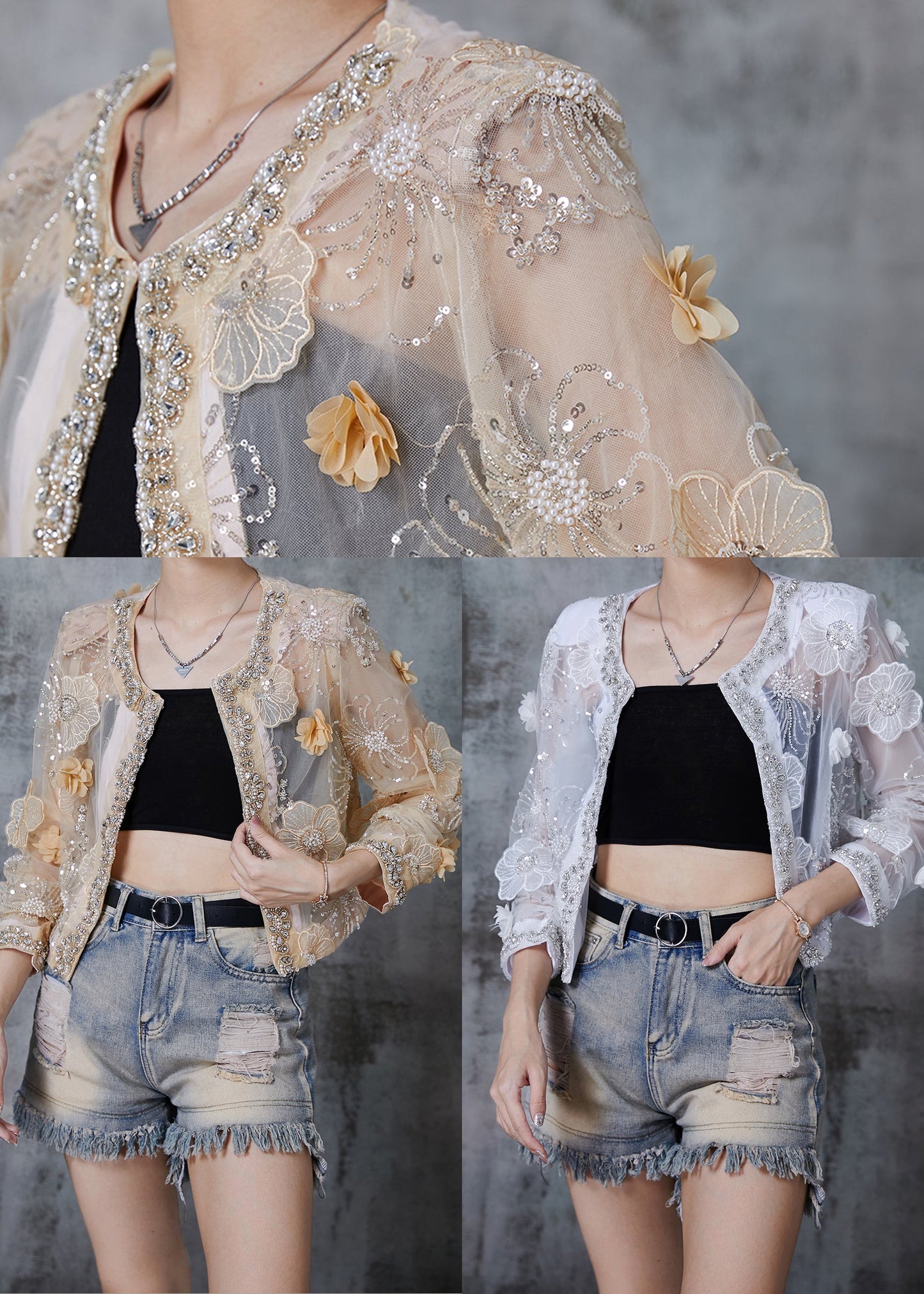 Apricot Organza Upf 50+ Cardigan Sequins Rhinestone Summer