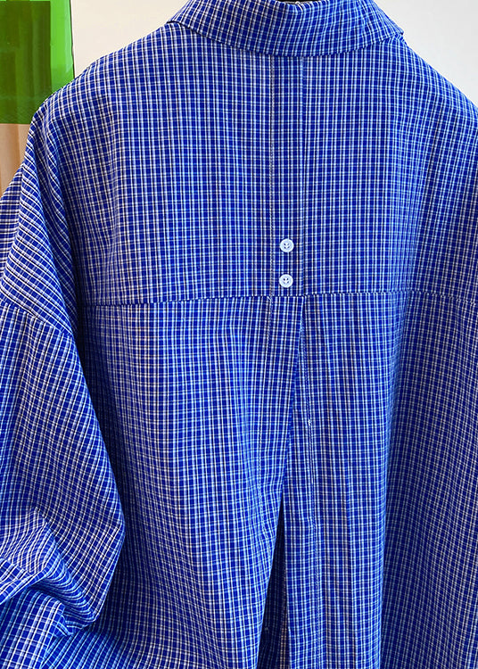 Blue Peter Pan Collar Plaid Cotton Shirts Top Fall