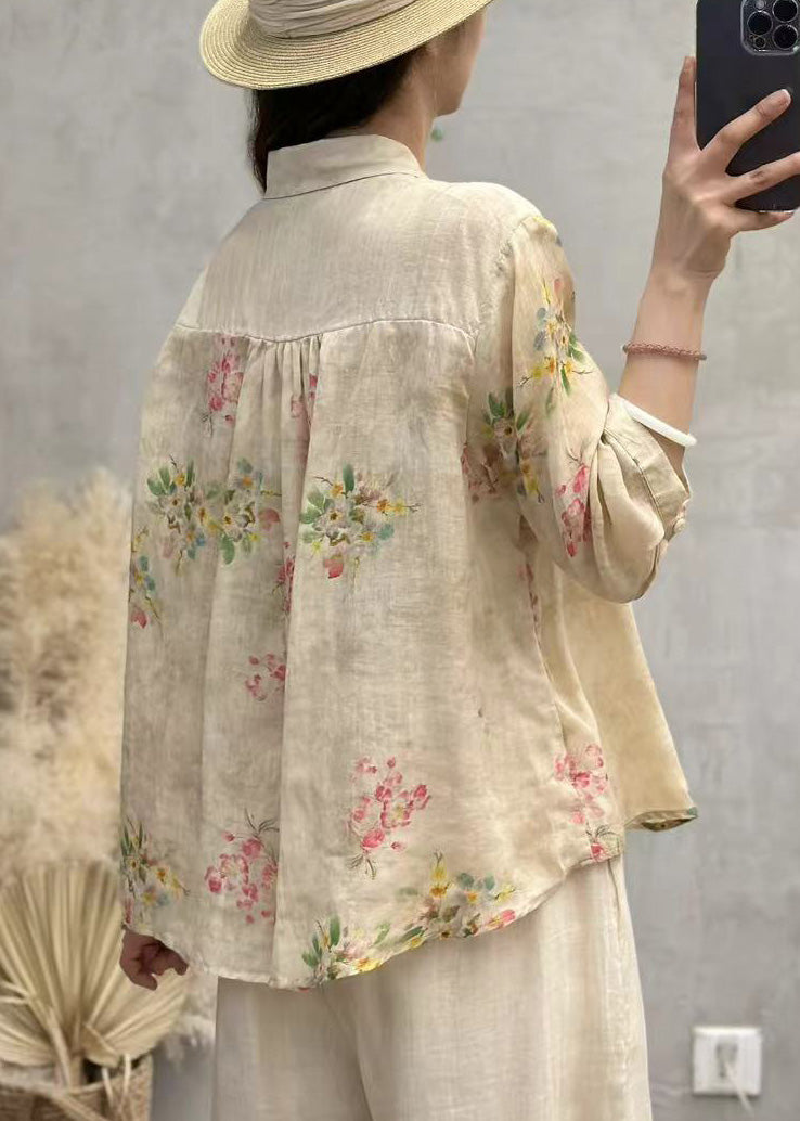 Pink Print Patchwork Linen Shirt Top Half Sleeve