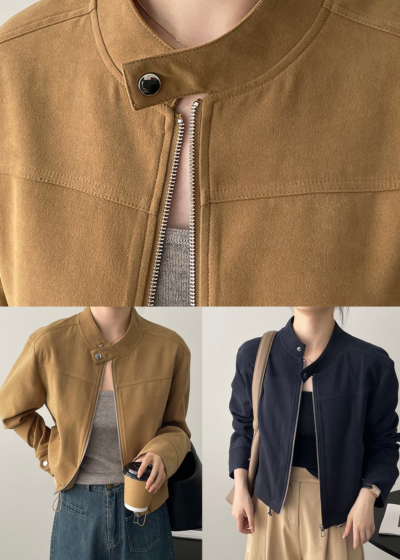 Brown Stand Collar Zippered Faux Suede Coats Fall