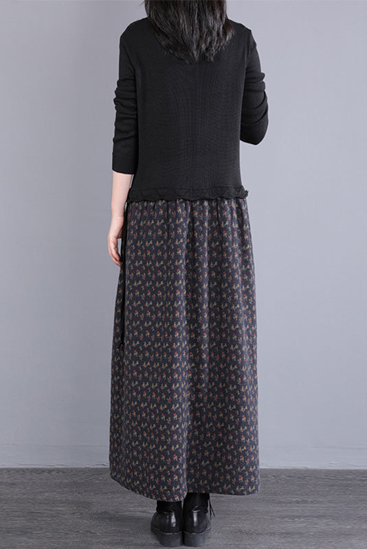 Fall Stitching Long Dress Retro Black Knitted Dress