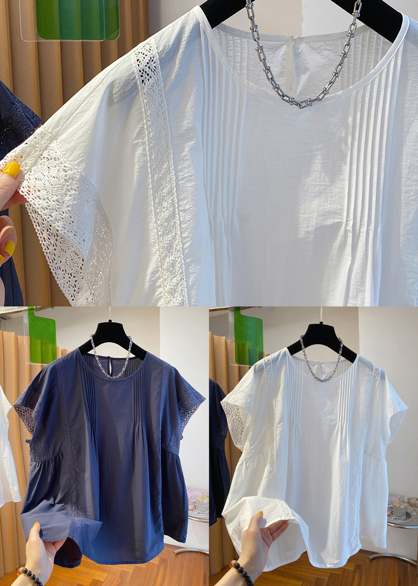 White Wrinkled Lace Patchwork Cotton Summer Shirts O Neck