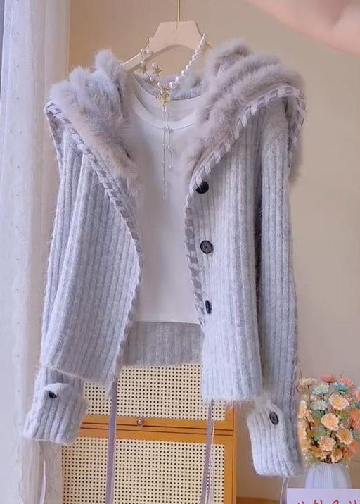 Grey Fox Collar Button Patchwork Knit Coats Winter