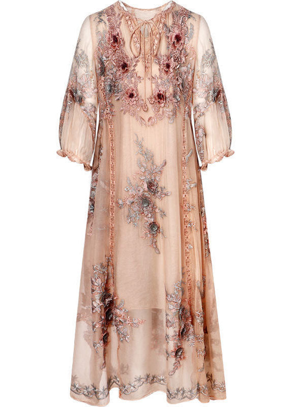 Beige Lace Up Jacquard Silk Holiday Dress Long Sleeve