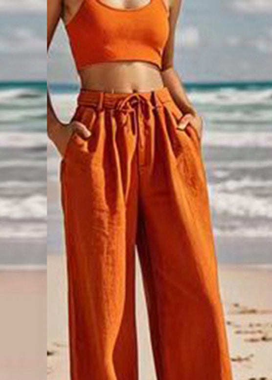 Orange Pockets Tie Waist Wide Leg Pants Summer