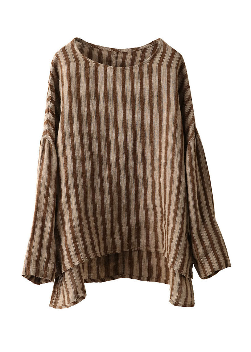 Red O Neck Striped Loose Linen Top Long Sleeve
