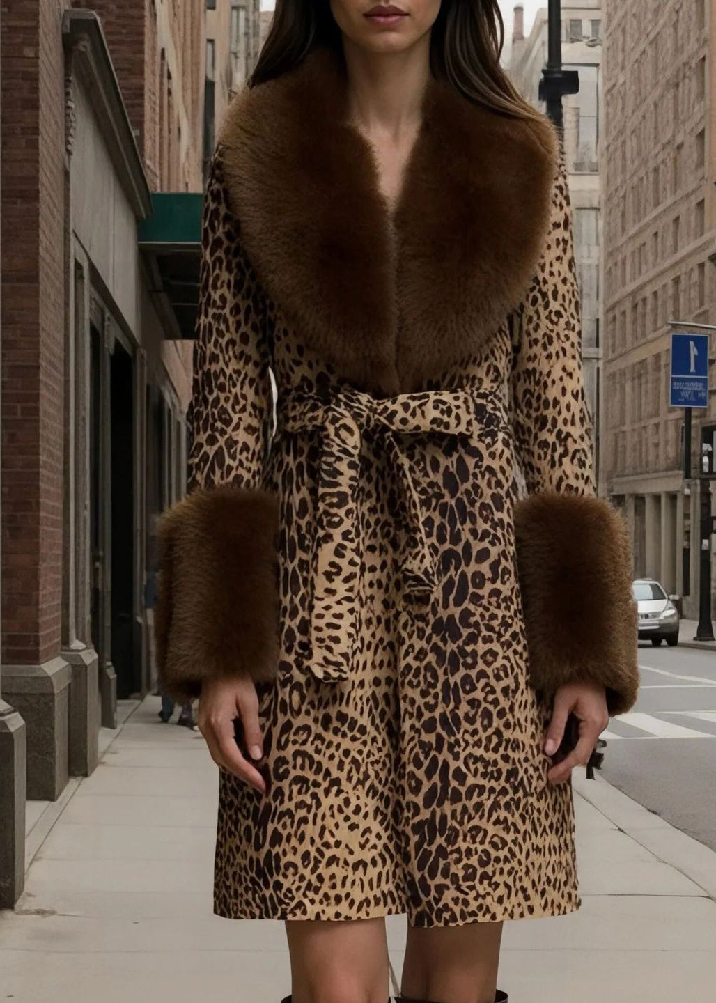 New Leopard Peter Pan Collar Lace Up Fuzzy Fur Fluffy Coat Fall