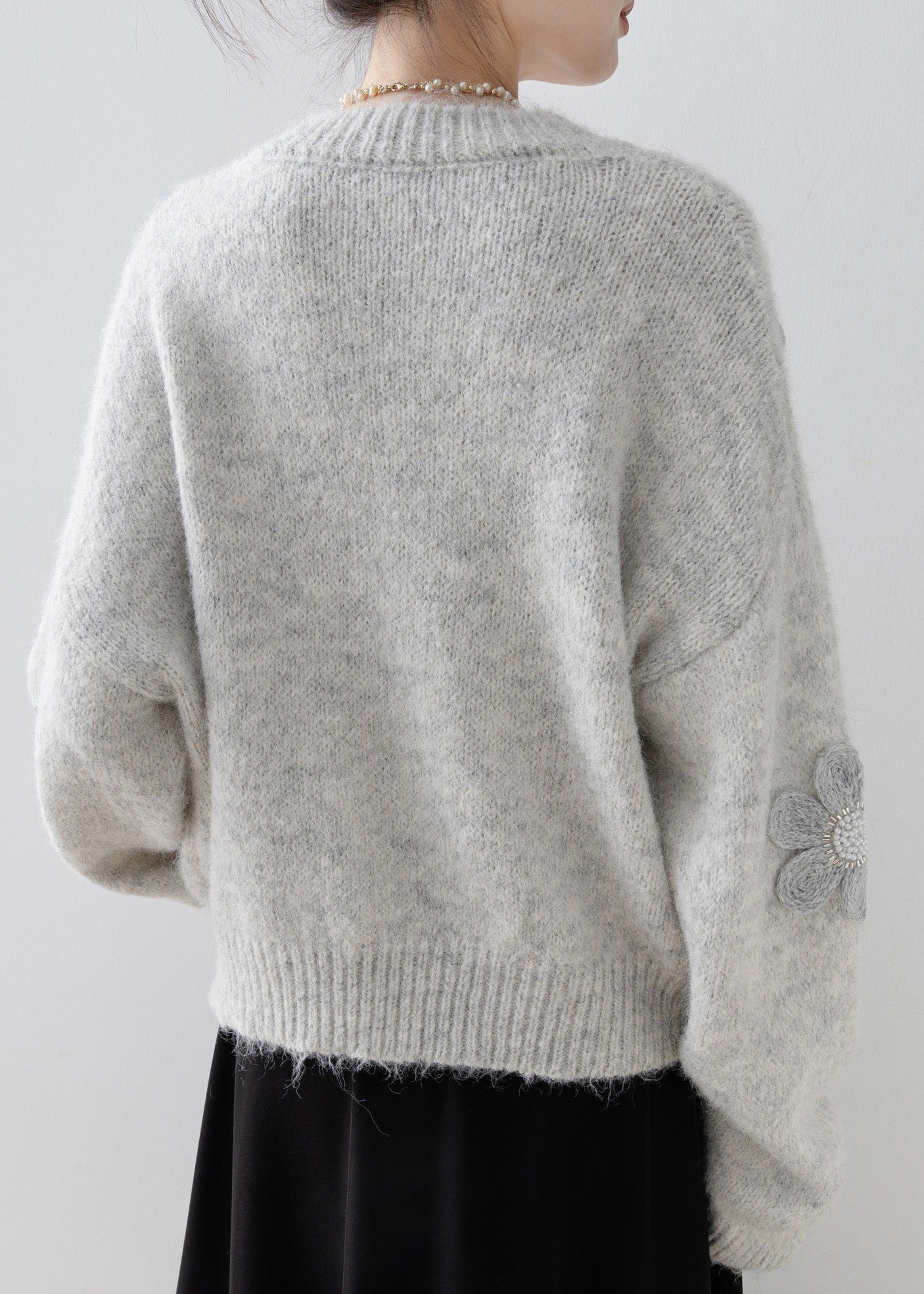 Boutique Grey O Neck Nail Bead Knit Sweater Tops Spring