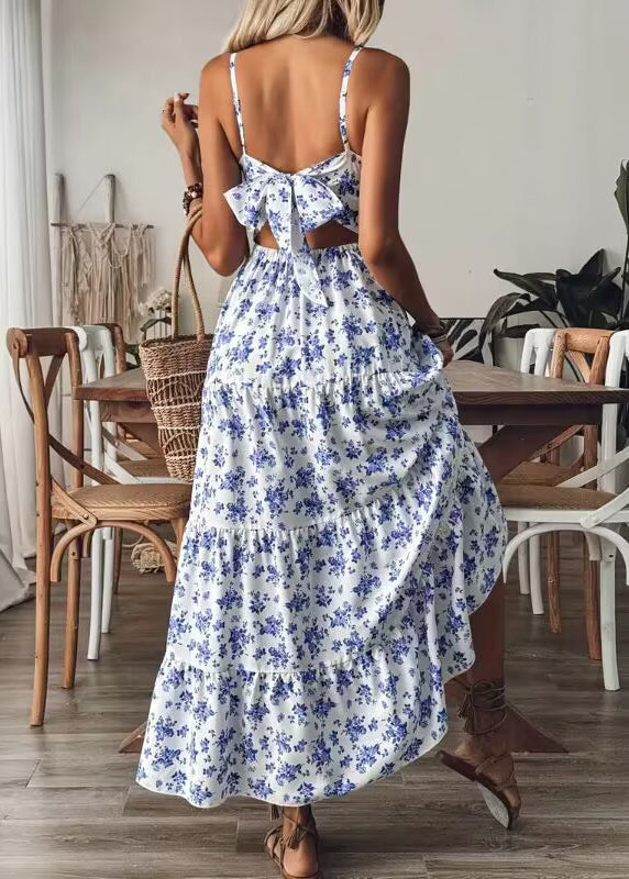 Blue Print Bow Cotton Spaghetti Strap Dress Summer