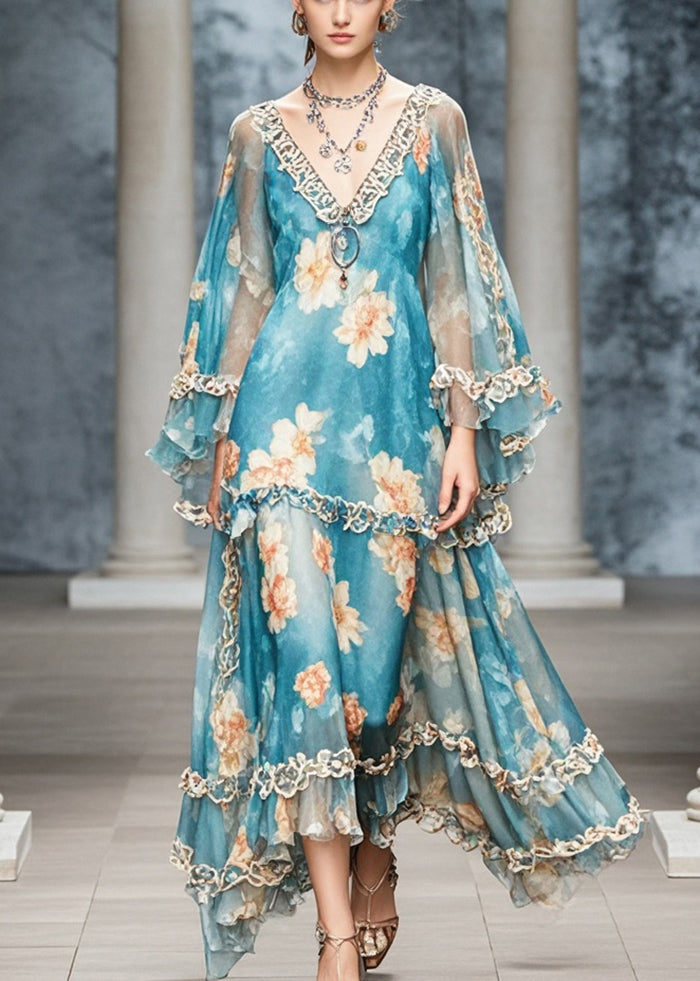 Blue Ruffled Print Chiffon Long Dress Fall