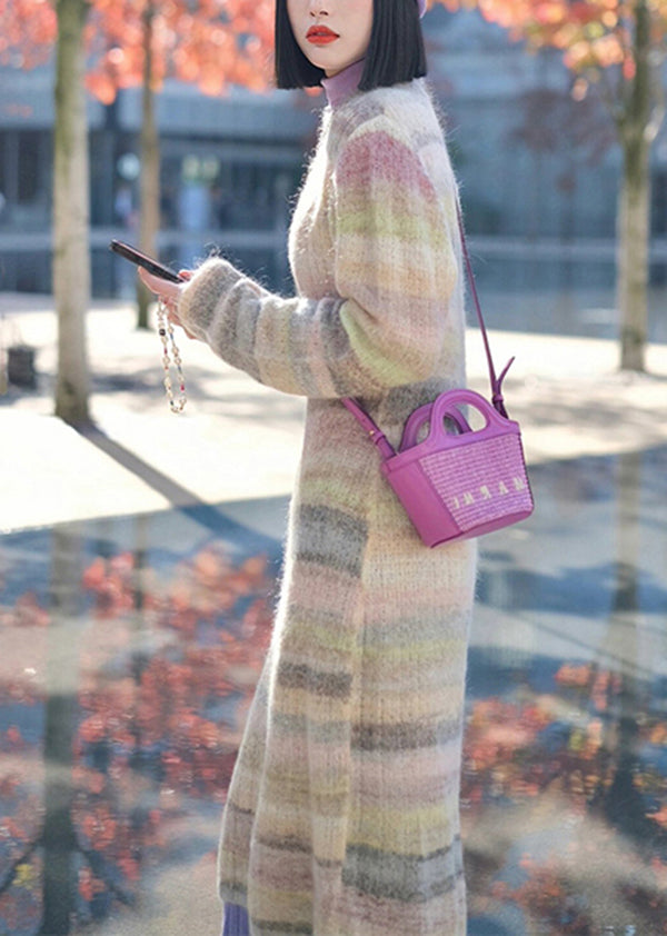 Striped O-neck Tassel Patchwork Ma Hai Mao Knit Dress Winter