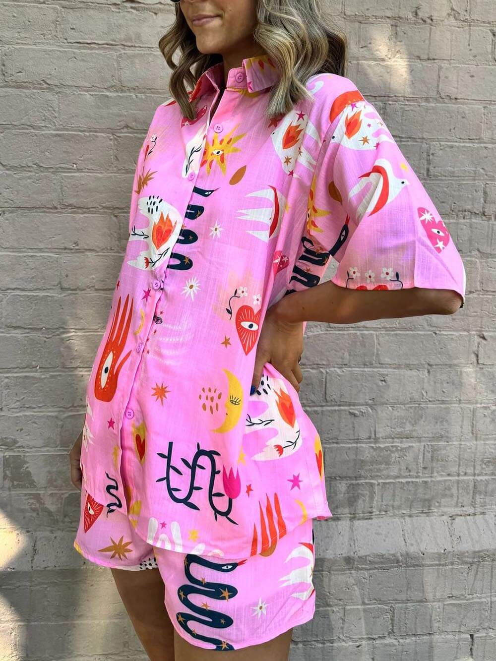 Printed Shirt Lace-up Elastic Shorts Set