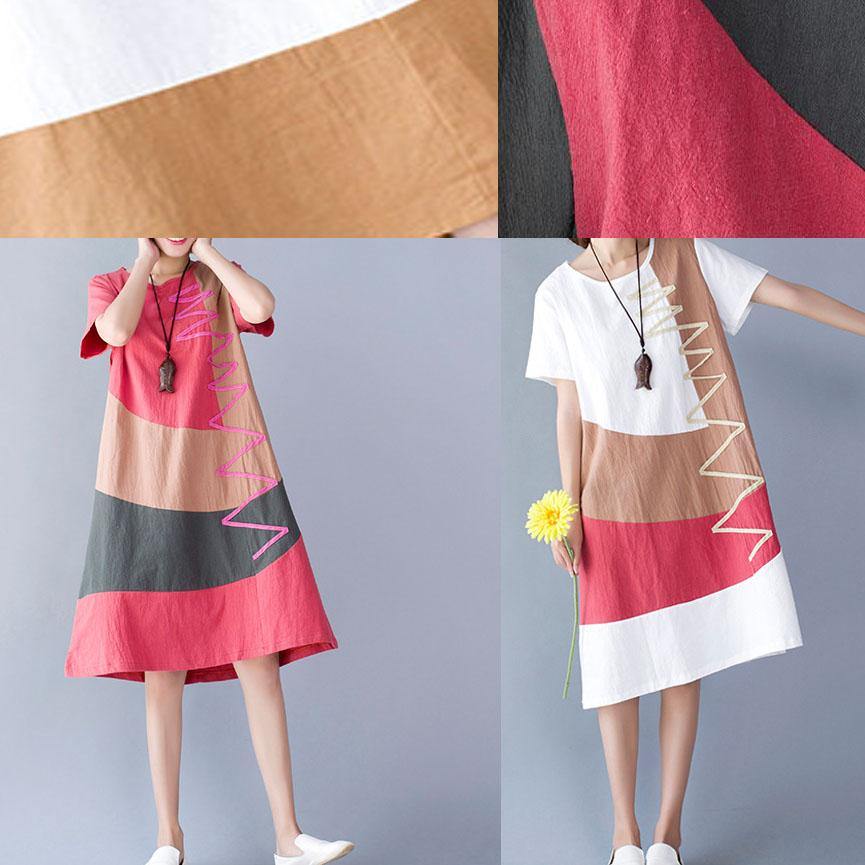 Cotton Linen O Neck Khaki Short Sleeve Dresses Summer