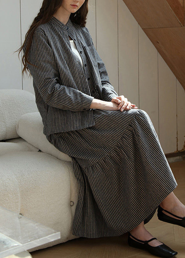 Loose Stand Collar Striped Button Cotton Shirt Spring