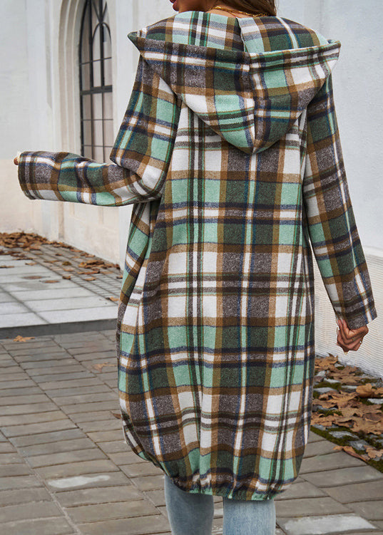Green Plaid Zippered Pockets Cotton Hooded Coat Fall