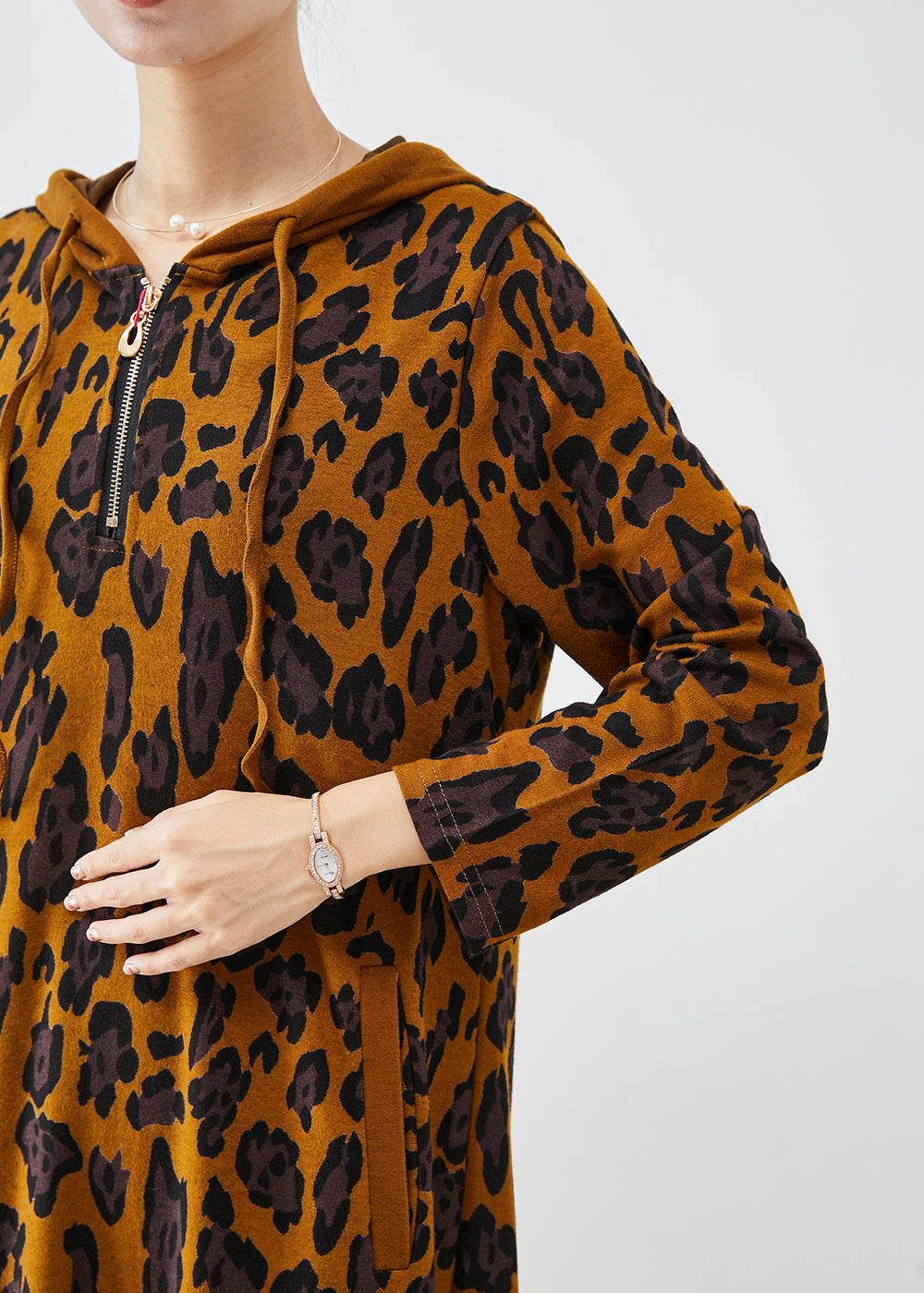 Brown Hooded Leopard Print Cotton Dresses Spring