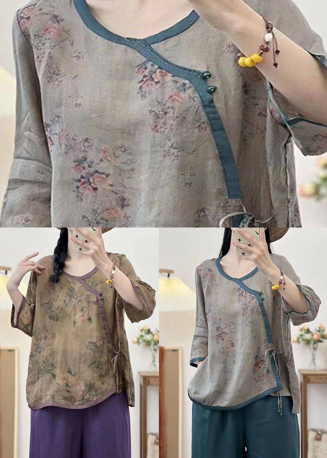 Coffee O Neck Print Lace Up Patchwork Linen Top Summer