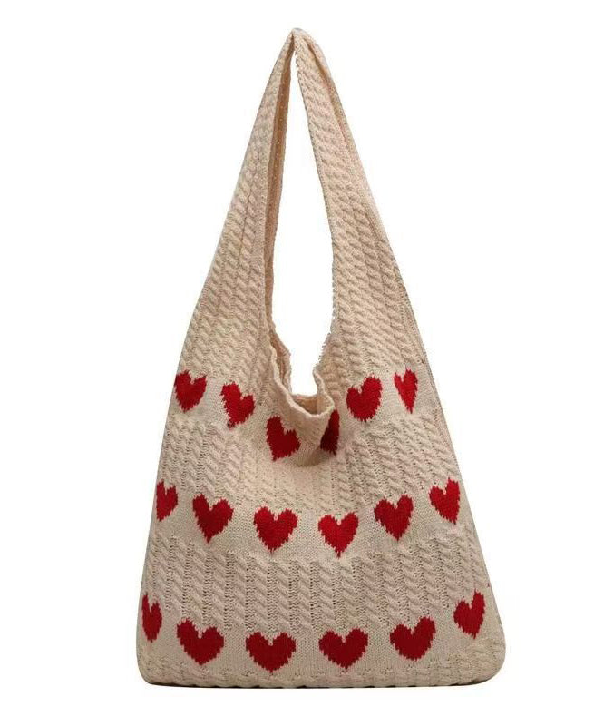 Minimally Khaki Hollowed Out Heart Knitted Shoulder Bag
