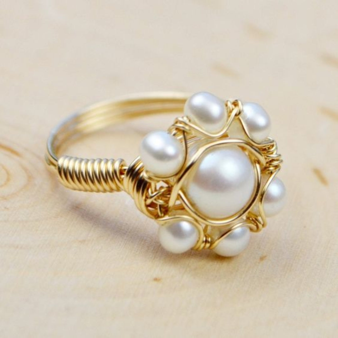 Inlaid Pearls Golden Ring