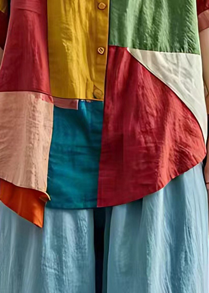 Colorblock Asymmetrical Patchwork Applique Linen Shirt Top Summer