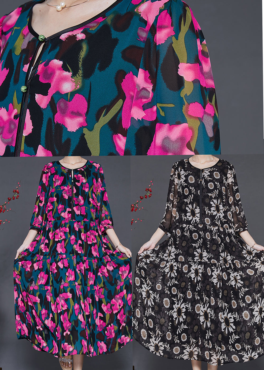 Black Oversized Print Chiffon Robe Dresses Summer