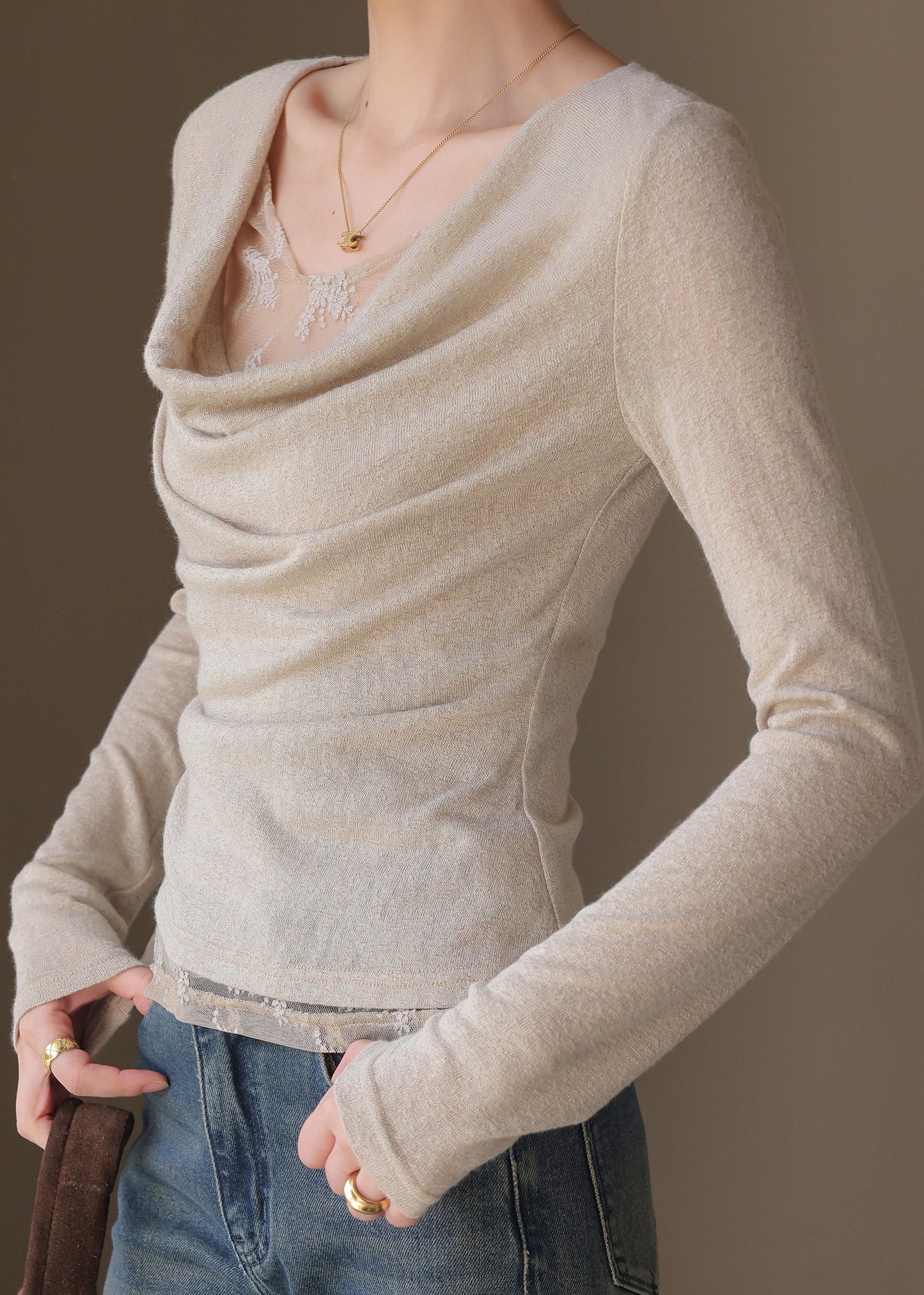 Light Grey Patchwork Knit Tops Spring