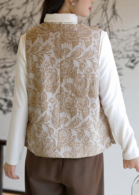 Champagne Chinese Button Jacquard Fine Cotton Filled Vest Sleeveless