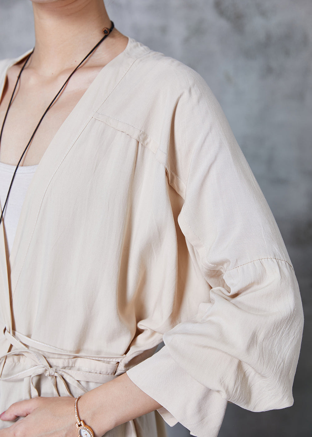 Beige Asymmetrical Tie Waist Cotton Blouse Tops Spring