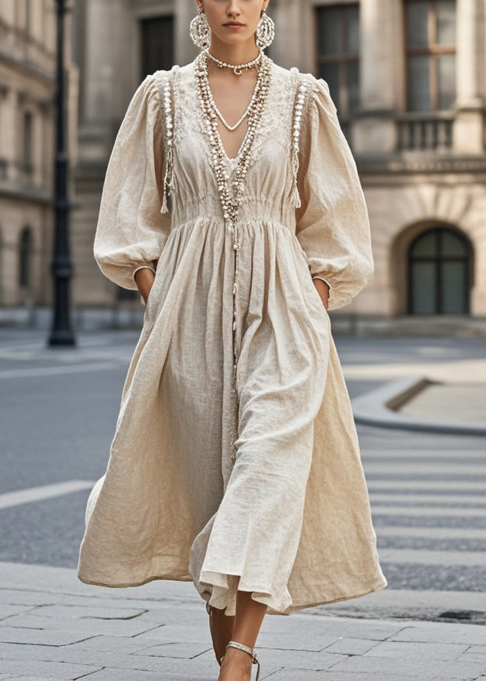 Nail Bead V Neck Cotton Holiday Dress Fall