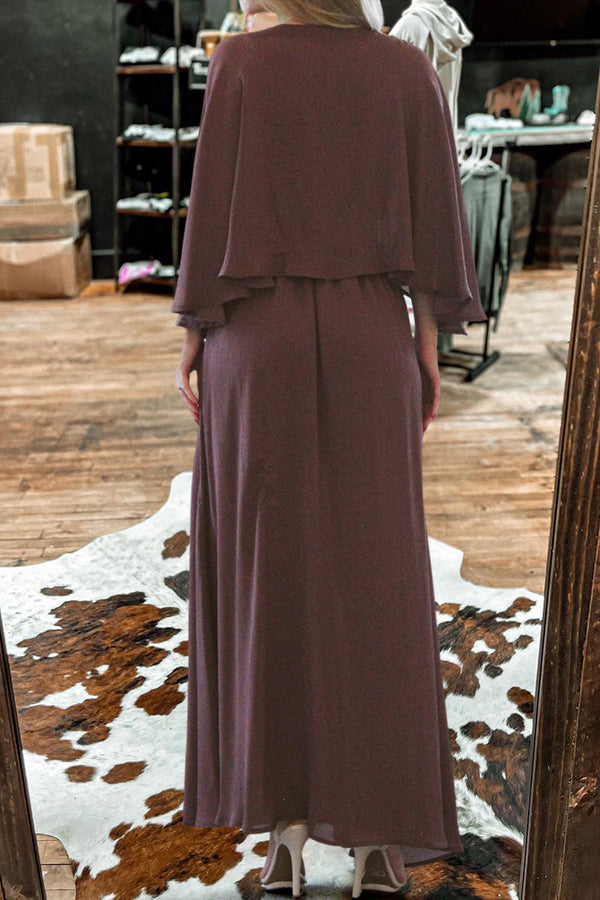 Deep V-neck Flowy Sleeves Leg Slit Dress