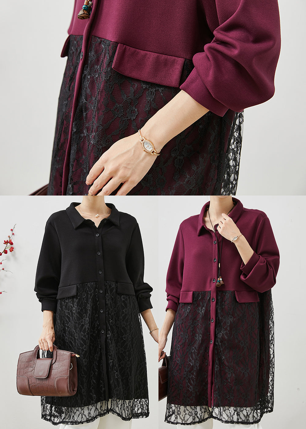 Black Peter Pan Collar Patchwork Lace Dress Fall