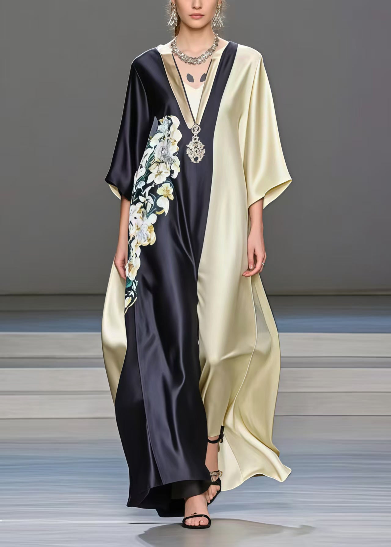 Fine Colorblock Oversized Patchwork Print Silk Dress Summer